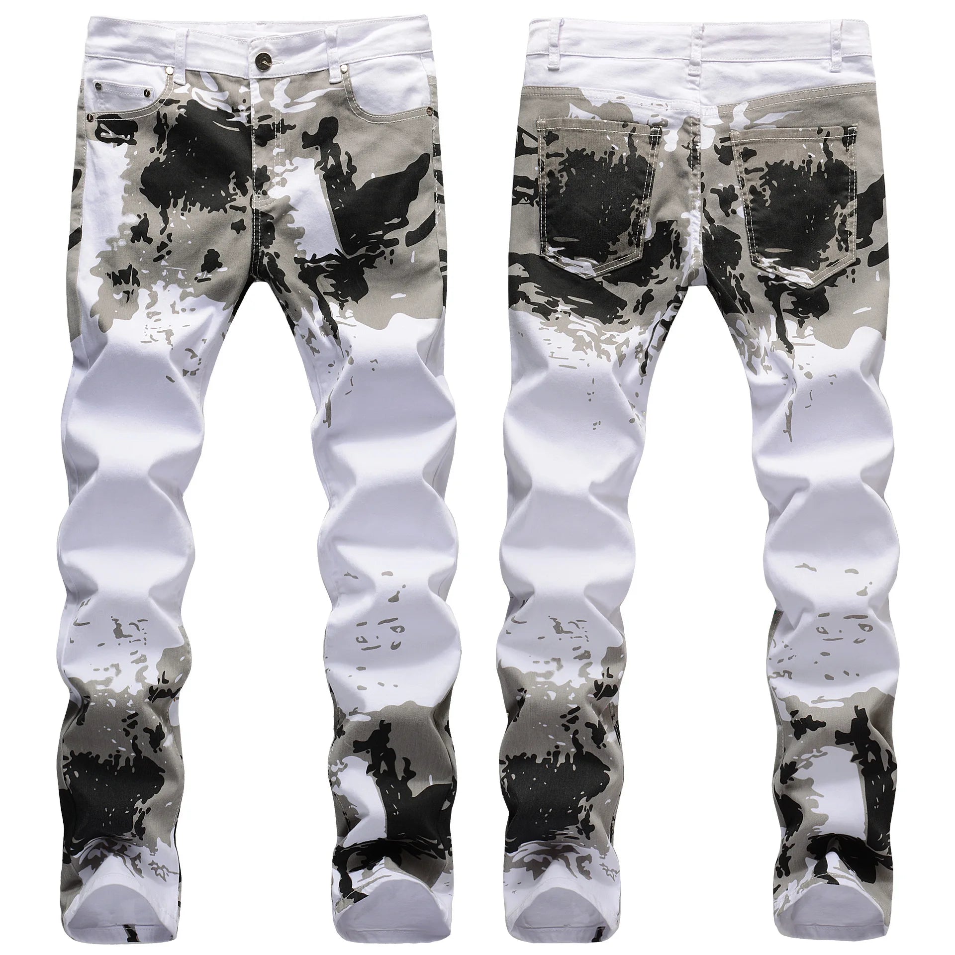 AeeDenim Men's Jeans Custom Logo Trendy Slim Straight Long Pants Elastic Summer White Camouflage Print Comfortable Denim