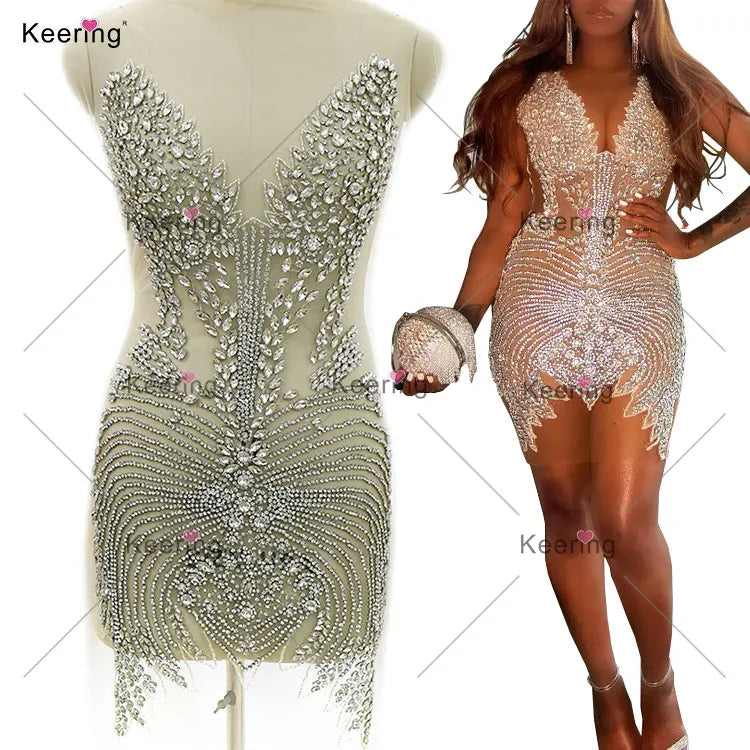 WDP-450 Newest Hotsale Elegant Silver Shiny Crystal Tassels Rhinestone Applique Sewing for Wedding Party Dresses