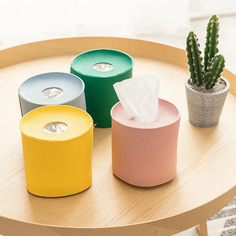 Pu Leather Round Toilet Tissue Box Car Home Kitchen Paper Holder with Elegant Style