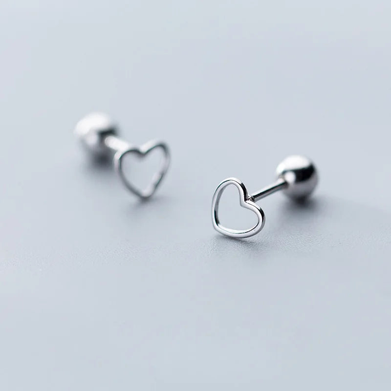 Fashion Simple Hollow 925 Sterling Silver Heart Shape Ball Stud Earrings for Women