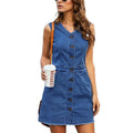 Women Denim Dress Thin Sleeveless V-neck Summer Single-breasted Blue Female Casual Fashion Simple Mini Dress