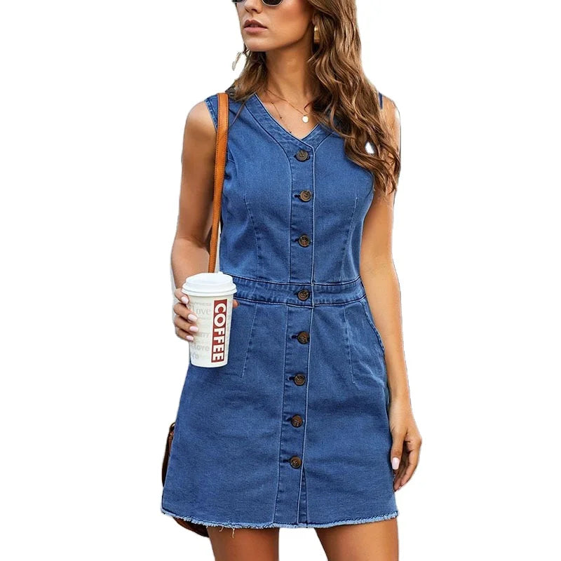 Women Denim Dress Thin Sleeveless V-neck Summer Single-breasted Blue Female Casual Fashion Simple Mini Dress