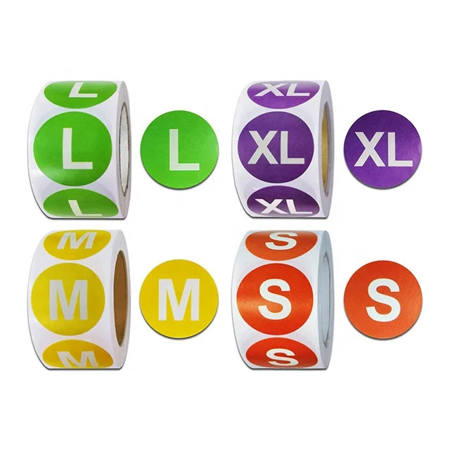 1inch Round L XL XXL M S Labels Colorful Coded Self Adhesive Roll for Clothing T-Shirts Trousers Skirt Apparel Size Sticker