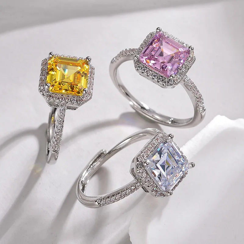 2025 Trendy Zircon Square Ring Open Rings Silver Plated Ring Fashion Jewelry for Women Girls