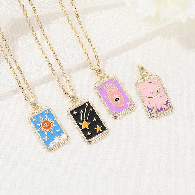 JIEXING Diy Jewelry Accessories Rectangular Moon Star Sun Charm 14K Gold Plated Enamel Tarot Card Design Designer Pendant