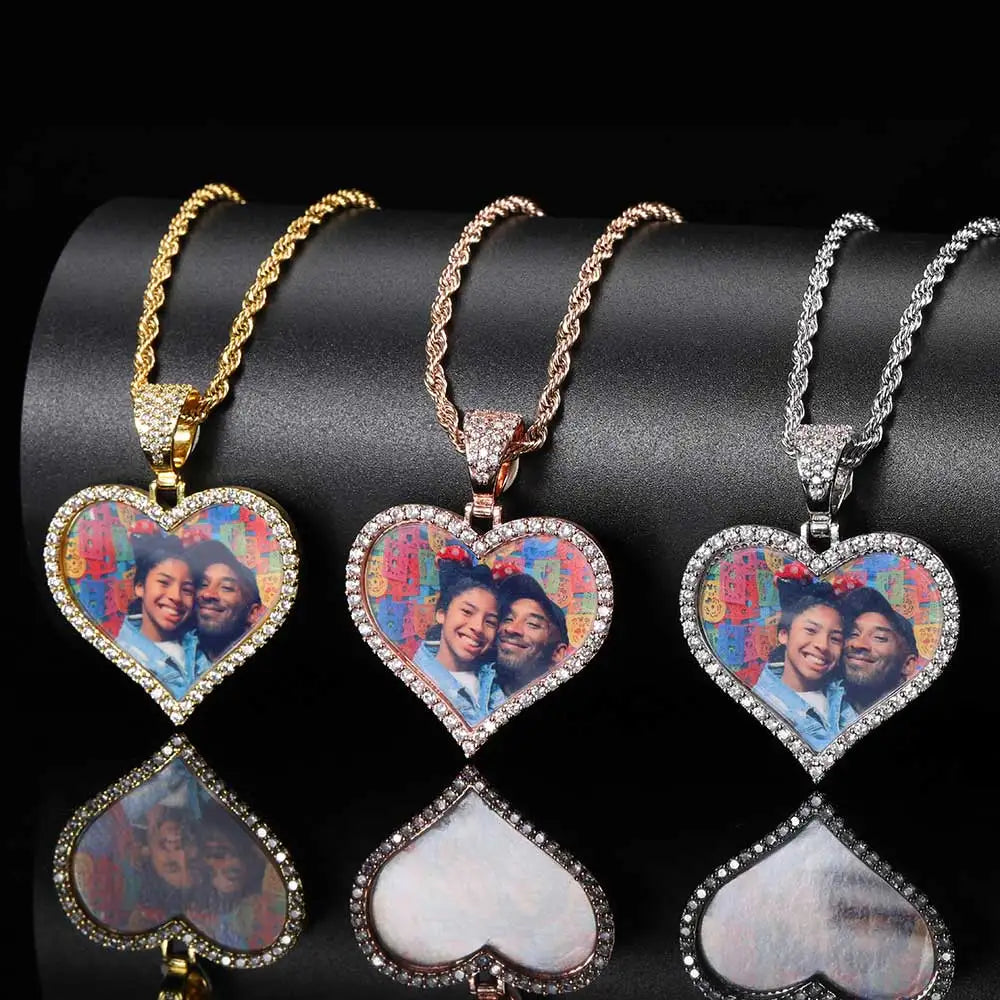 Nuoya Wholesale Custom Heart Memory Photo Hip Hop Jewelry Micro Pave CZ Photo Pendant Necklace