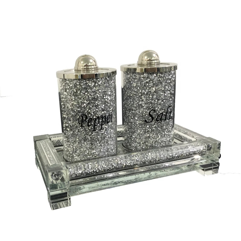 Hot Sale Elegant Crystal Diamond Glass Condiment Jar Storage Canister Sets Tray for Seasonings Dining Weddings Food Storage