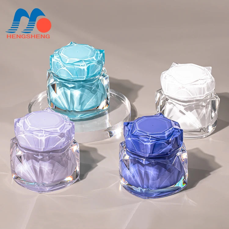 50g Crystal Shape Luxury Transparent Blue Acrylic Packaging Skin Care Cream Jars with Shim