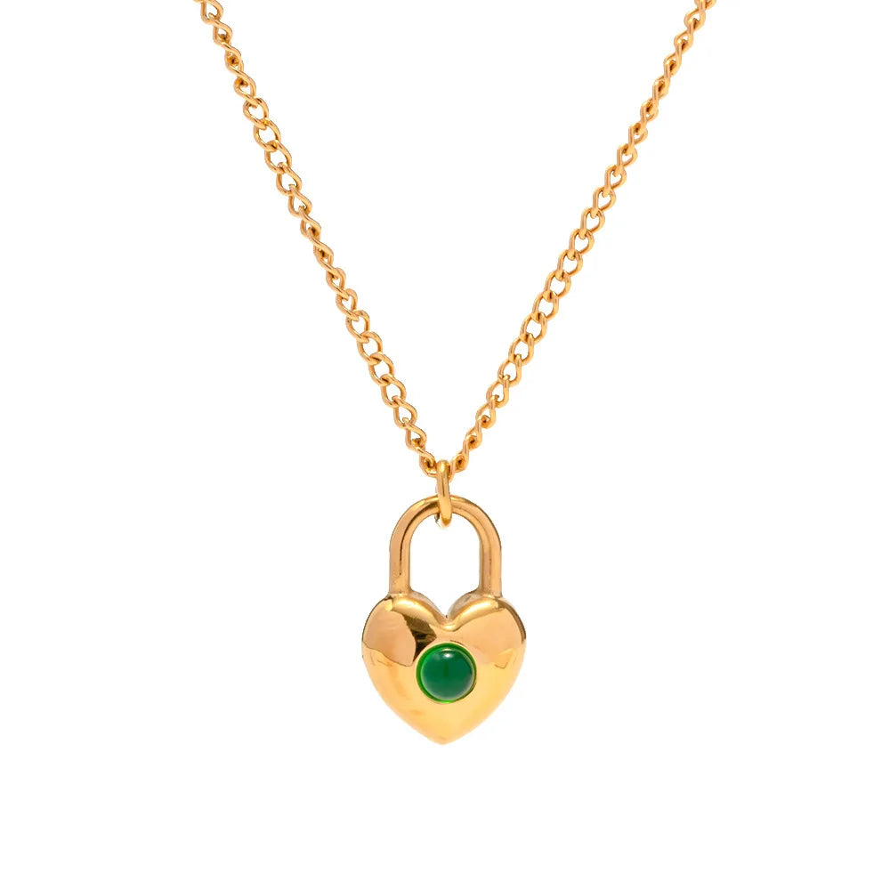 Lovely Elegant Women Ins Trendy Green Agate Stone Lock Pendant Heart Necklace