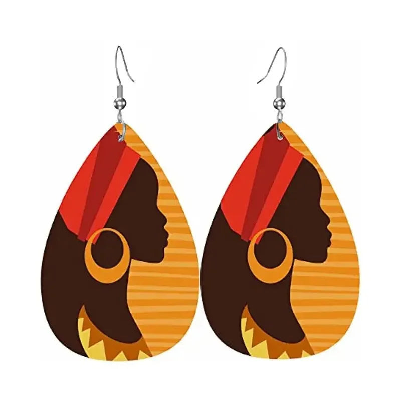 Temo PU Leather Teardrop Headwrap Girls African Fabric Print Earrings for Women