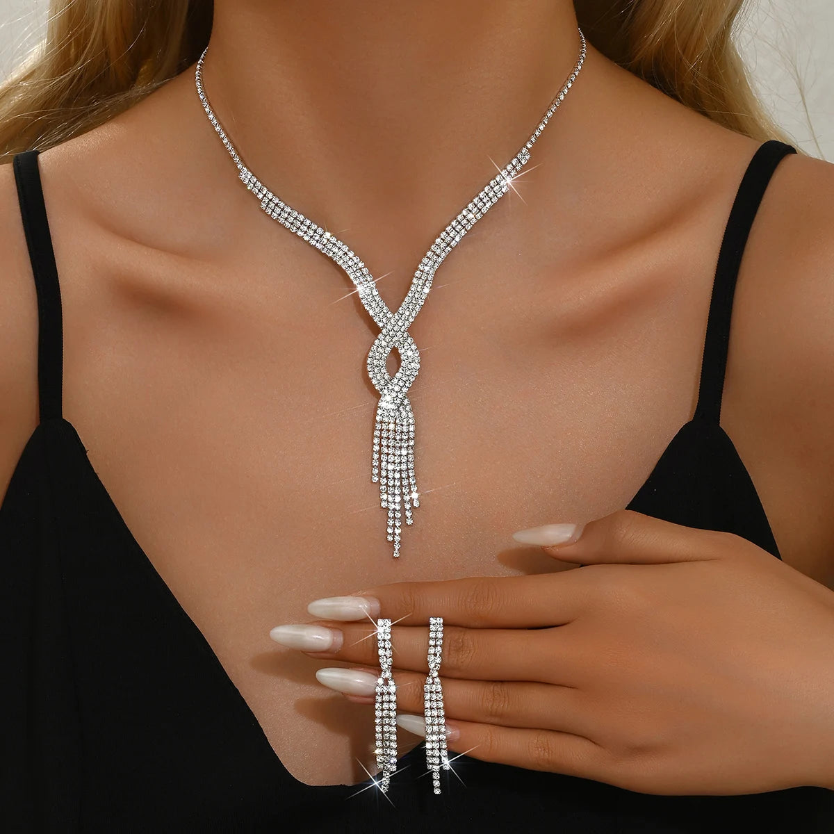 3-Piece Versatile Bridal Fashion Jewelry Set Rhinestone Tassel Necklace and Earrings for Wedding or Evening Gowns