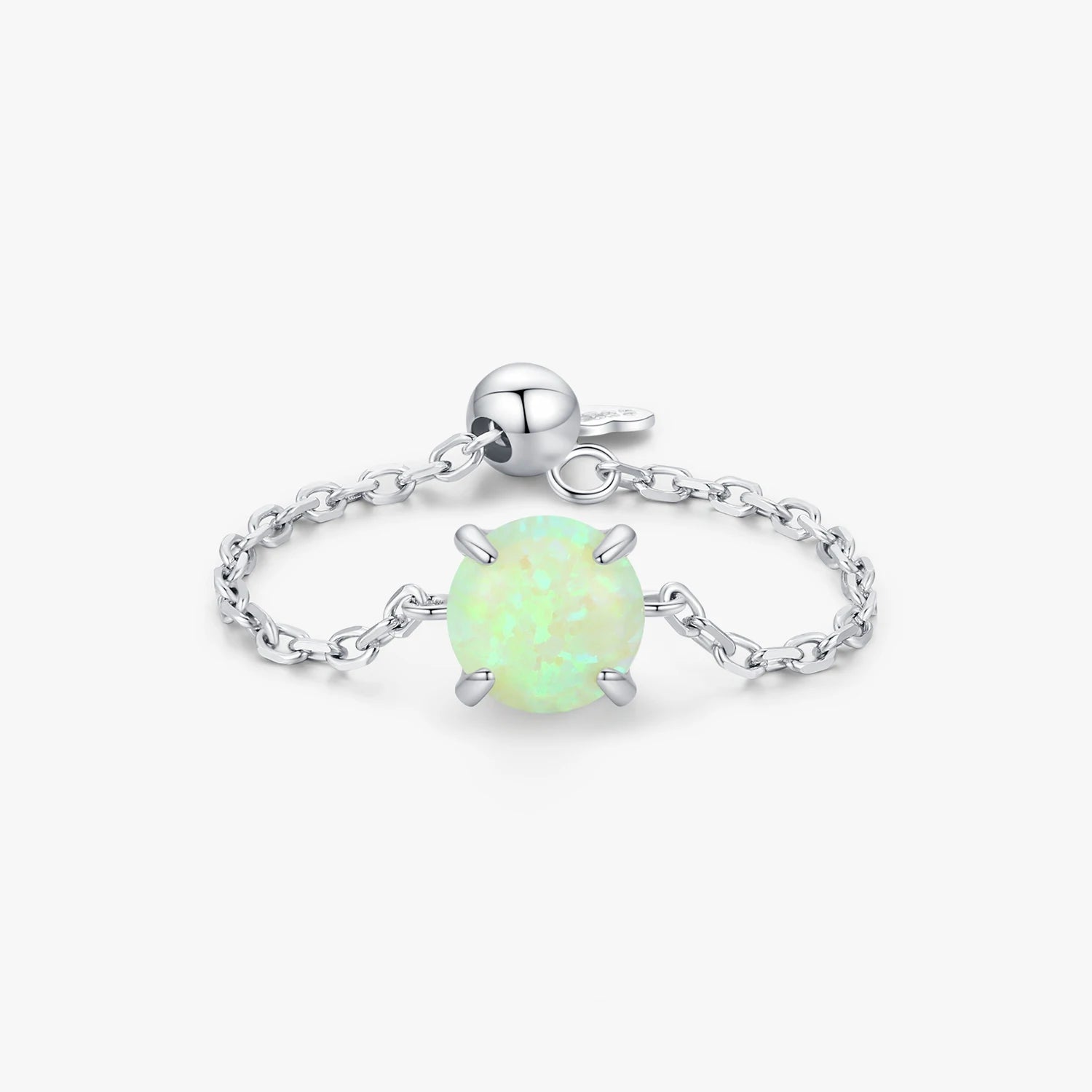925 Sterling Silver Fine Jewelry Daily Accessories Delicate Round Light Green Opals Adjustable Link Chain Rings for Women