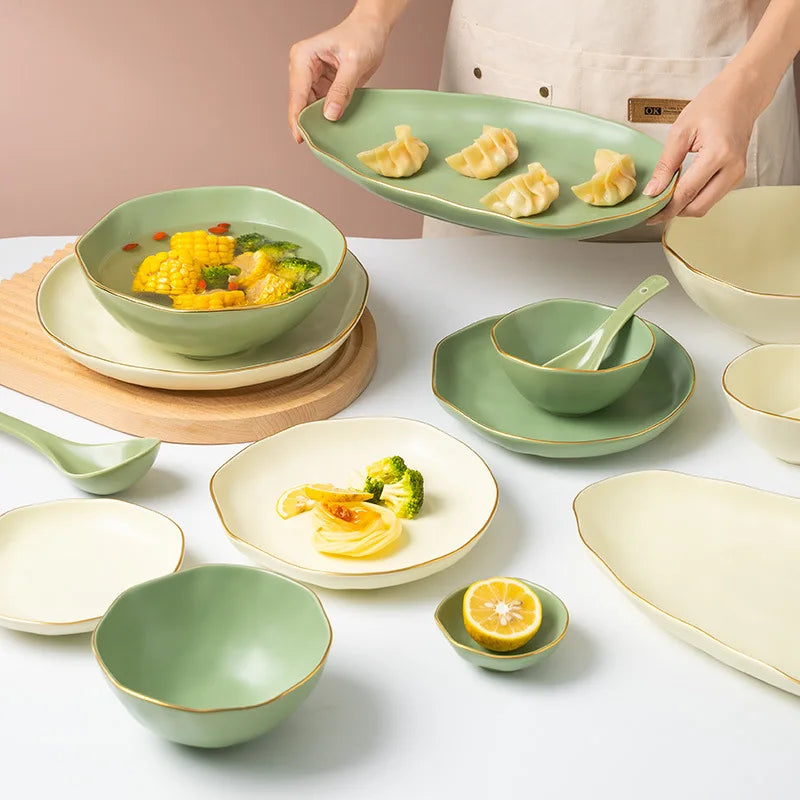 Nodic 16/20pcs Dinnerware Plate Sets Matte Glazed Ceramic Irregular Oval Plates Ceramic Tableware With Gold Edge