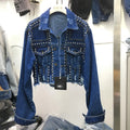 2023 New Design Women's Denim Jacket Women's Dress Slim Diamond Riveted Long Sleeve Split Jeans Top Street Wear