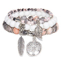 Pink Zebra Natural Gemstone Energy Lotus Charm Bead Bracelets for Women Tree of Life Stackable Stretch Yoga Reiki Bracelet Sets