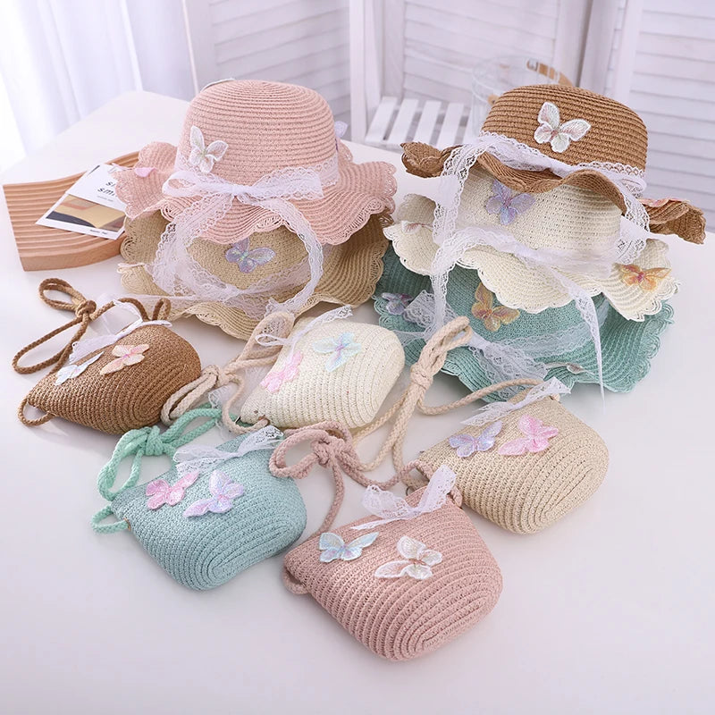 Kids Straw Hat Beach Panama Summer Straw Surf Cowgirl Children Hats and Bag Set Straw Hat