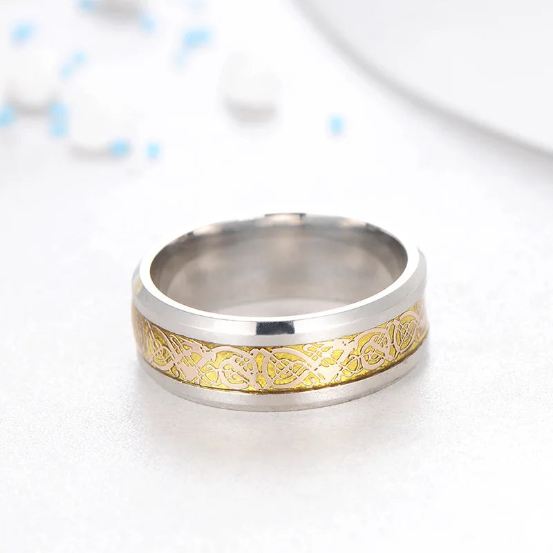 Luminous Dragon Ring Men and Women's Stainless Steel Jewelry with 925 Silver Black Gold Accent