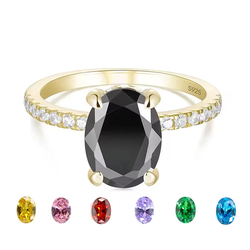 OAHLAN 3ct 14K Gold Plated Oval Cut 5A Black Cubic Zirconia Engagement Wedding 925 Sterling Silver Rings for Women