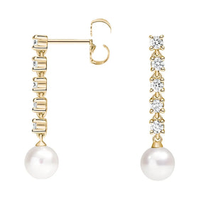 Wholesale Brass Real 18K Gold Plated 4mm White Pearl Zircon Tennis Drop Earrings for Women Engagement Wedding Jewelry