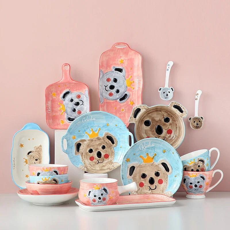 Hand-painted Cartoon Crown Bear Ceramic Bowl and Plate Set Cute Girlish Creative Personality Oatmeal Japanese Breakfast Tablewar