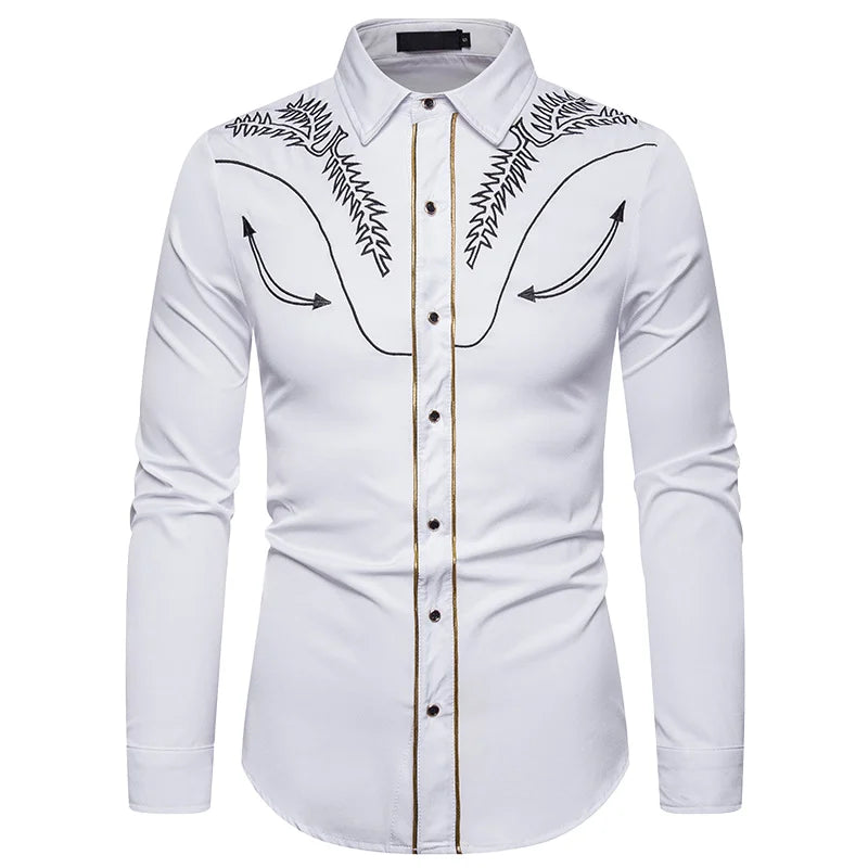 Gold Flower Embroidery Shirt Men Brand New Long Sleeve Mens Dress Shirts Casual Slim Fit Button Down Chemise Homme