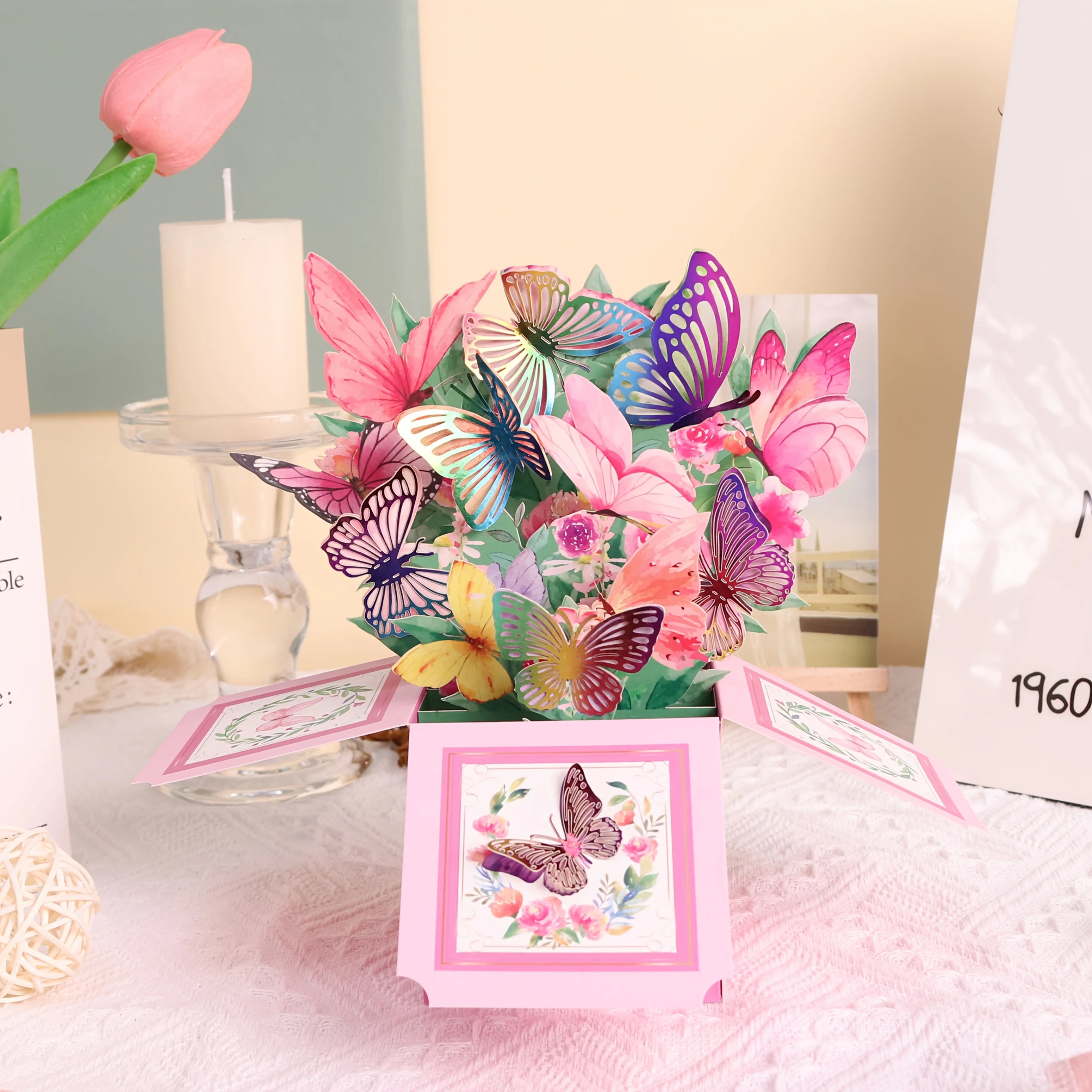 In Stock Exquisite Mother's Day Pink Butterfly Flocking 3D Pop up Greeting Card with Paper Material and Customizable Options