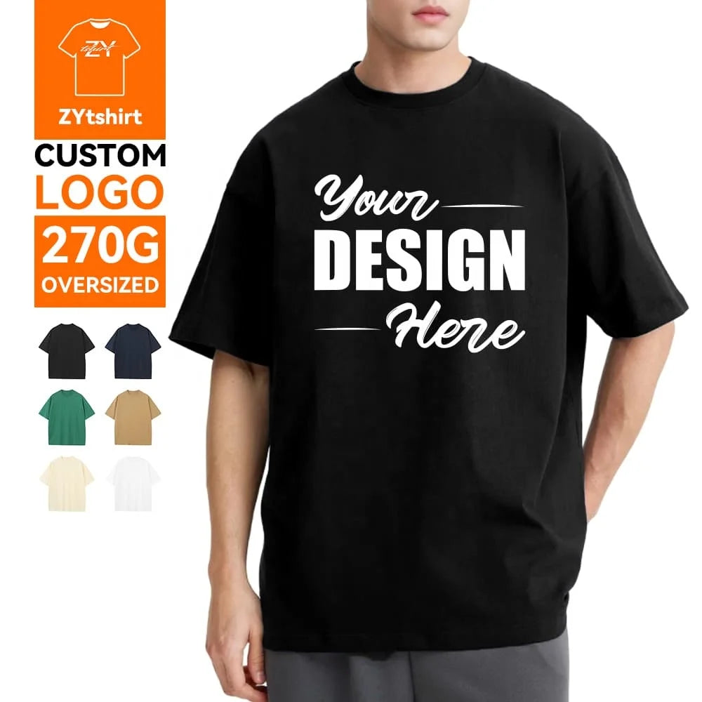 ZYtshirt Wholesale Customized 270GSM Heavyweight Cotton Oversized T-Shirt with Drop Shoulder and Custom Logo Printing