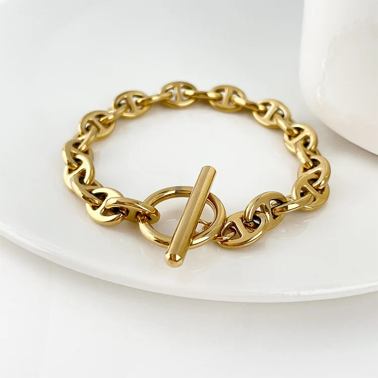 100% Tarnish Free and Waterproof Jewelry18k Gold Plated Pig Nose Bracelet Stainless Steel