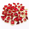 Wholesale HFour 50pcs/bag Red Mixed 8 Shapes 12-Facet Flatback Crystal Glass Sew-On Loose Rhinestones with Gold Cup Chain Claw