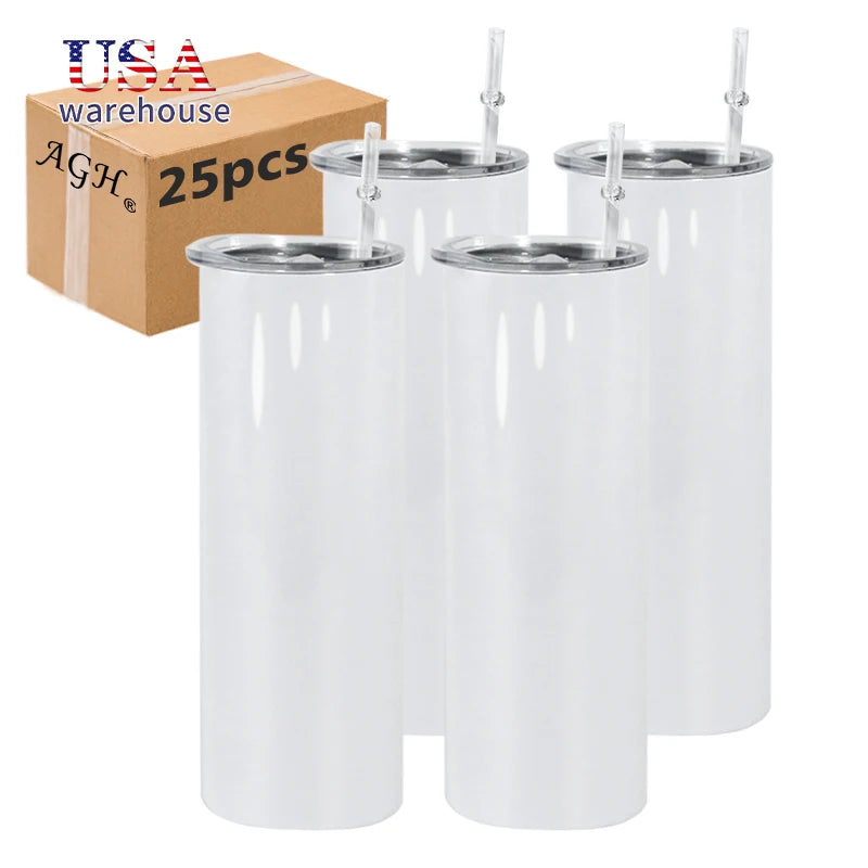 Free Shipping USA Warehouse 50pcs 20oz Sublimation Blank Stainless Steel Insulated White Straight Tumbler With Straw