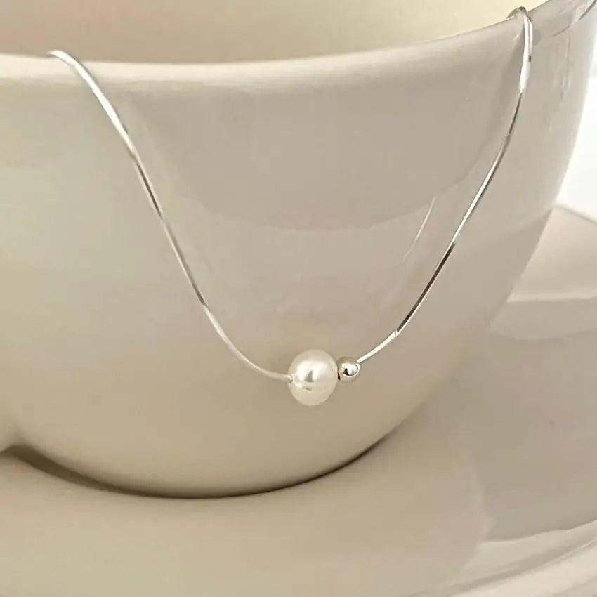 925 Sterling Silver Pearl Choker Necklace Women Simple Pearl Ball Snake Choker Necklace