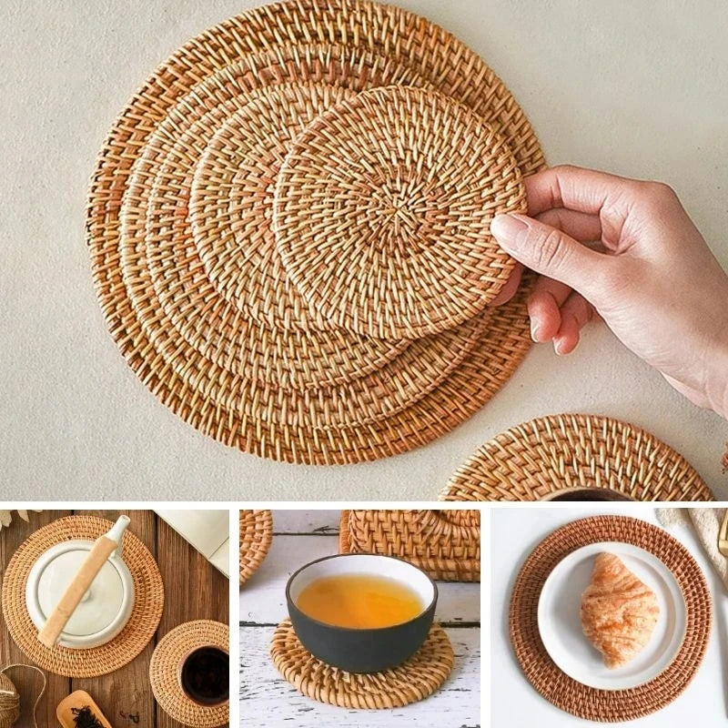 Natural Rattan Hand Woven Cup Mat round Hot Pad Insulation Placemats for Table Kitchen Decoration Accessories