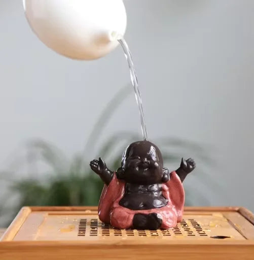 Smile Little Monk  Handmade Tea Ornaments Small pink Green Ceramic Laughing Buddha Statue