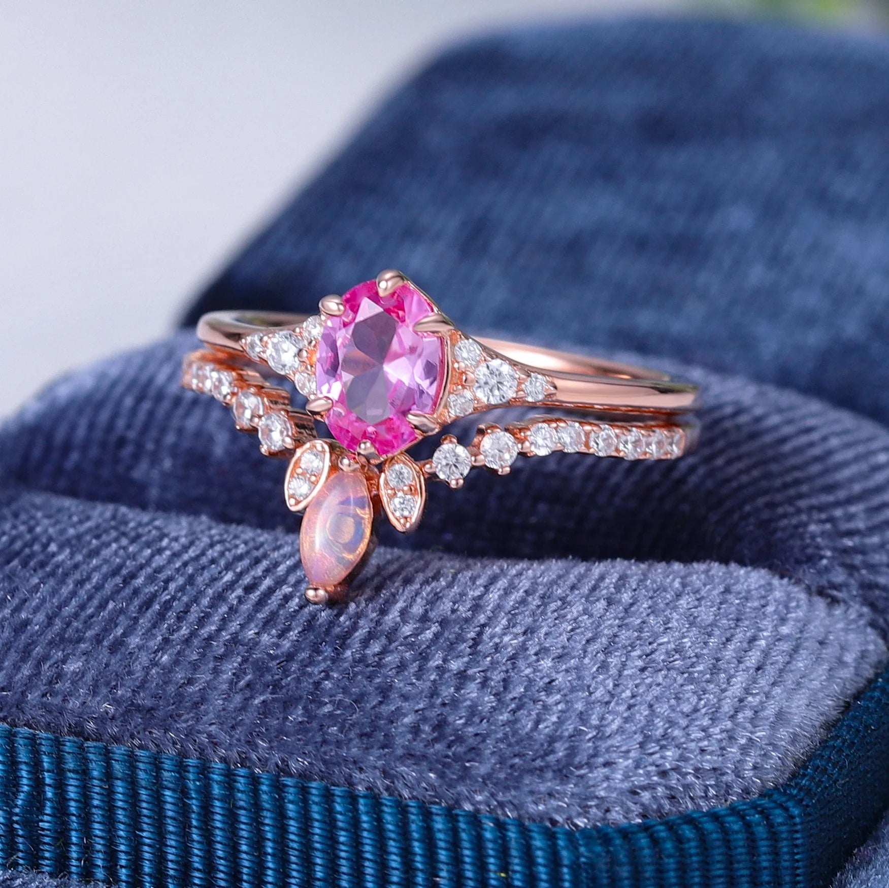 Abiding Personality Dainty 925 Sterling Silver Real Rose Gold 9K Lab Pink Sapphire Cz Ethiopia Opal Wedding Ring Sets for Gifts