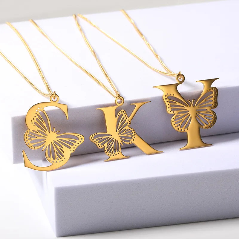 Collares Con Iniciales Letter Hollow Butterfly Necklace Gold Plated Woman Personality Initial Clavicle Chain Collar De Letras