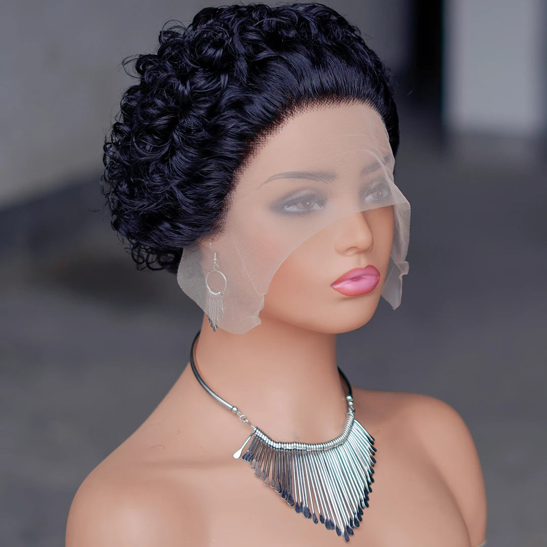 S Wholesale Afro Curly Short Pixie Cut  Lace Wigs for Black Women 13x1 Lace Front T Part Lace Pixie Cut Human Hair WigHair Wigs