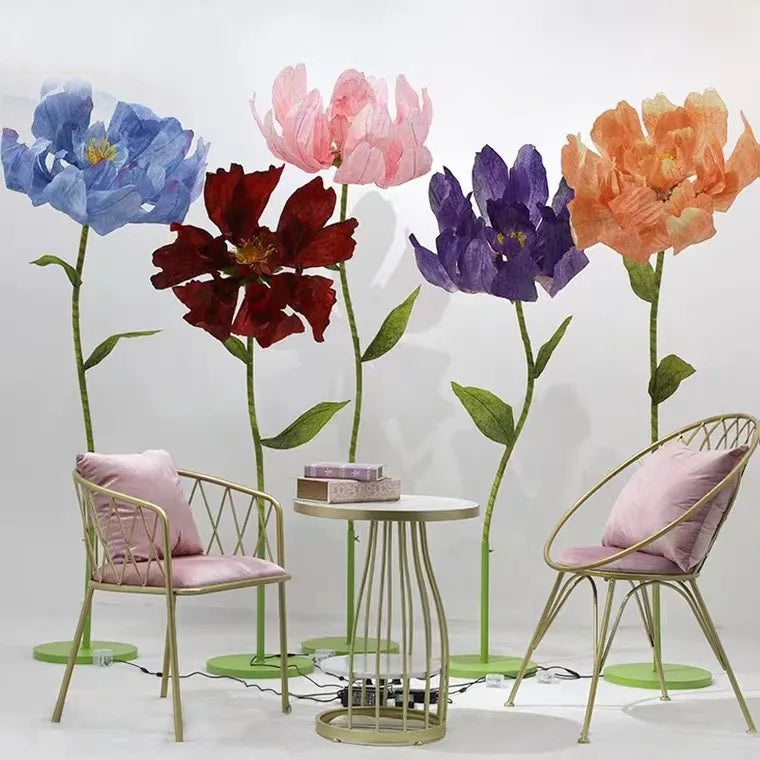 Cross-border Hot Sale Giant Handmade Organza Paper Big Peony Flower with Stem for Wedding Stage Decor