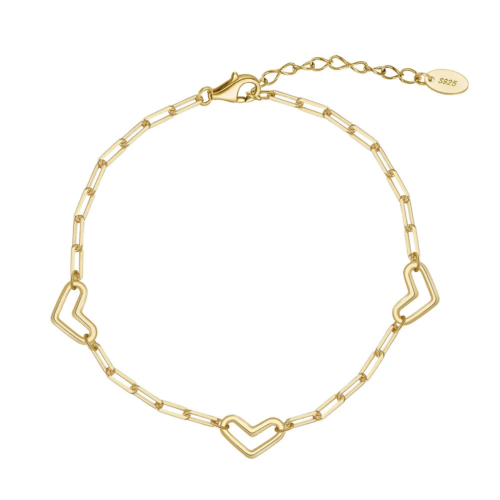 RINNTIN SB194 Gold Heart Bracelet 925 Sterling Silver PaperClip Chain Bracelet for Women Men