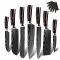 XYj Wholesale OEM 7Cr17Mov 440C Stainless Steel Laser Damascus Japanese Kitchen Knives 7pcs Knife Set Kitchen With Wooden Handle