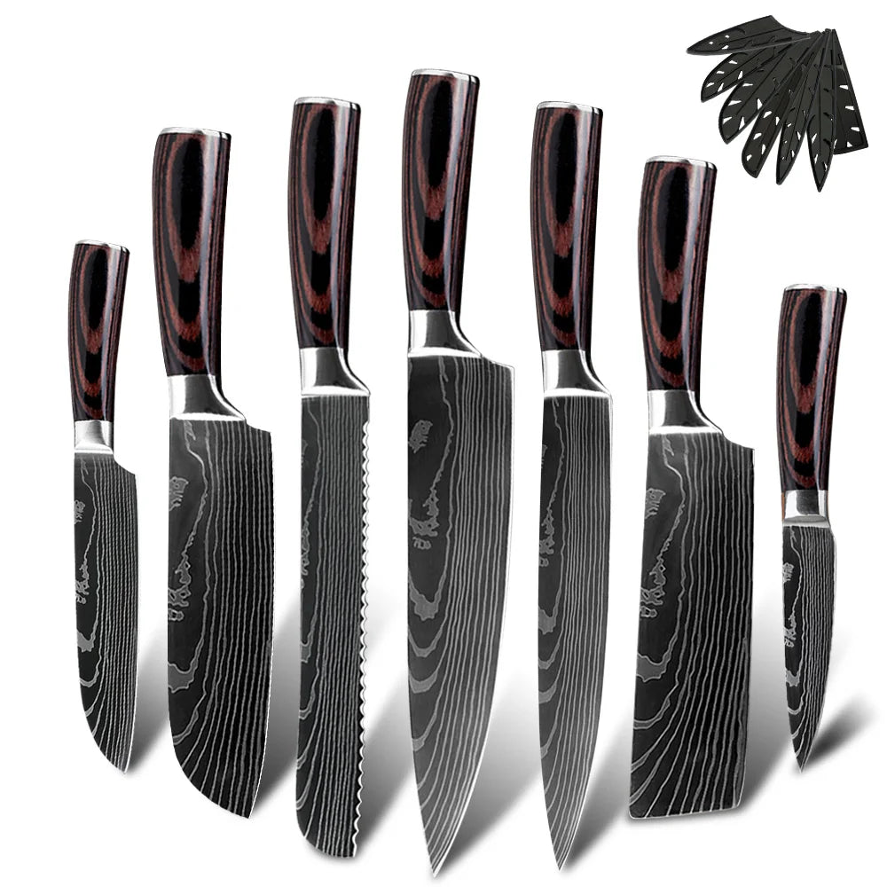 XYj Wholesale OEM 7Cr17Mov 440C Stainless Steel Laser Damascus Japanese Kitchen Knives 7pcs Knife Set Kitchen With Wooden Handle
