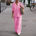 Women's Two-Piece Suit Female 2023 Lapel Long-sleeved Shirt Linen and Cotton Casual Solid Color Pants Wide-leg Suit