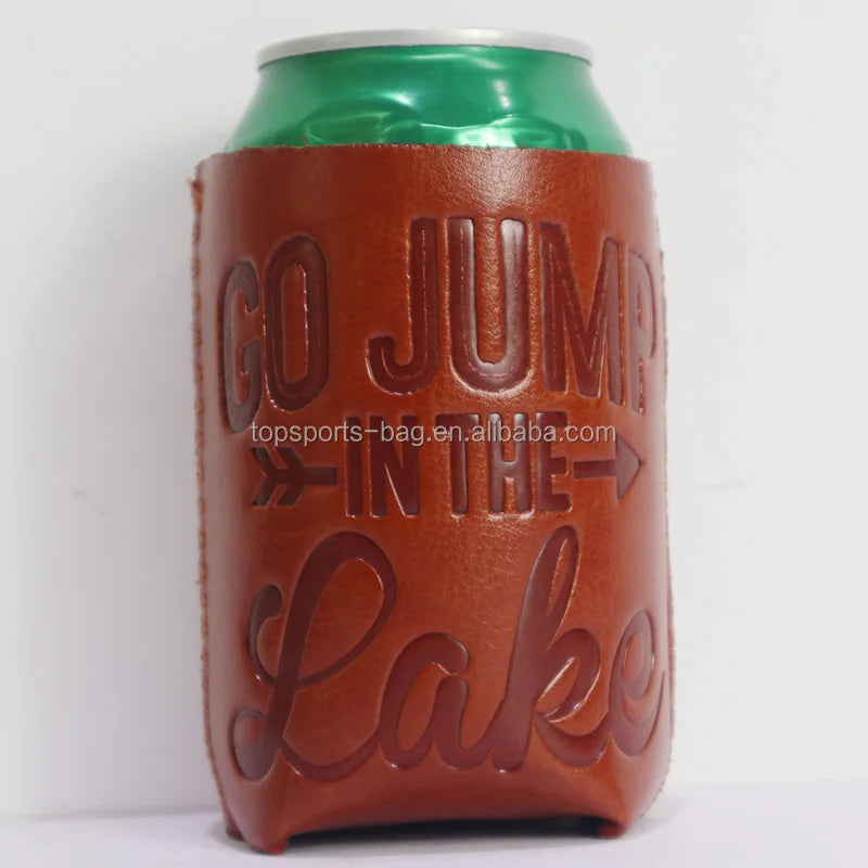Brown Customized Debossed Logo Darken Faux Leather Beer Can Cooler for Party