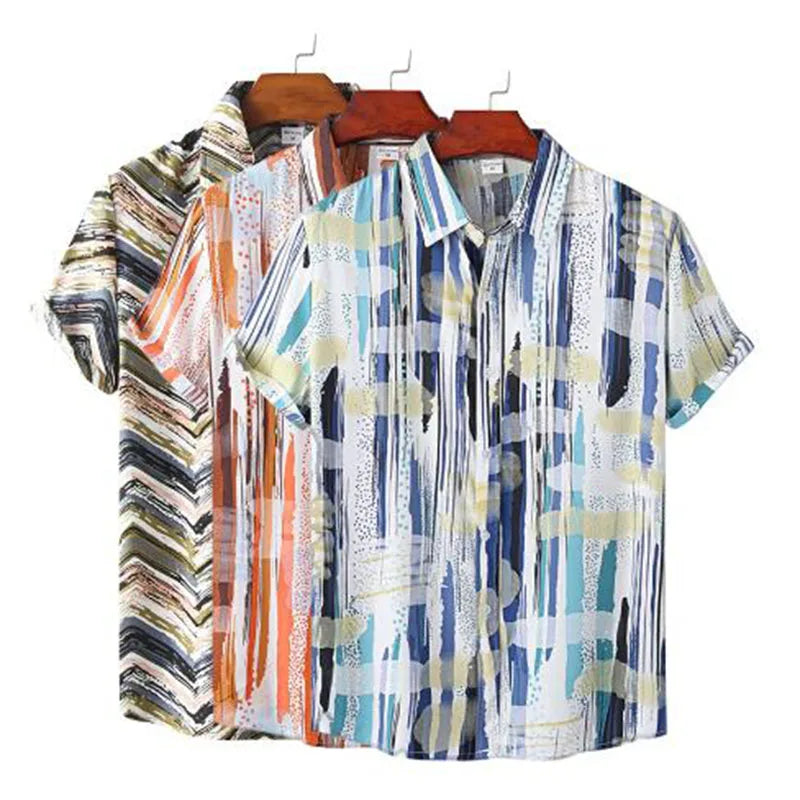 RNSHANGER Men Cotton Polyester Summer Short Sleeve Shirt Casual Geometric Plaids Pattern Hawaiian Beach Male Shirts