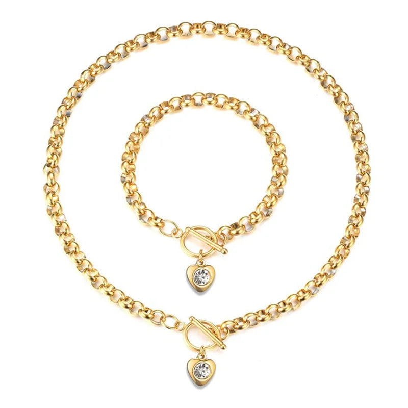 Women's Zircon Inlaid Lovers Heart Charm Bracelet & Necklace Waterproof Real Gold PVD Stainless Steel Belcher Chain Jewelry Set