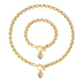 Women's Zircon Inlaid Lovers Heart Charm Bracelet & Necklace Waterproof Real Gold PVD Stainless Steel Belcher Chain Jewelry Set