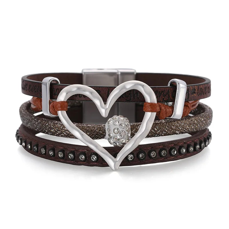 DHJ00324 Wholesale Leather Bracelet Magnetic Buckle Crystal Rhinestone Beads Heart Shape Wrap Multilayer Leather Bracelet