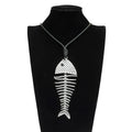 Exaggerated Long Silver Plated Black Rope Fishbone Shaped Necklace Statement Irregular Fish Bone Shaped Pendant Necklace