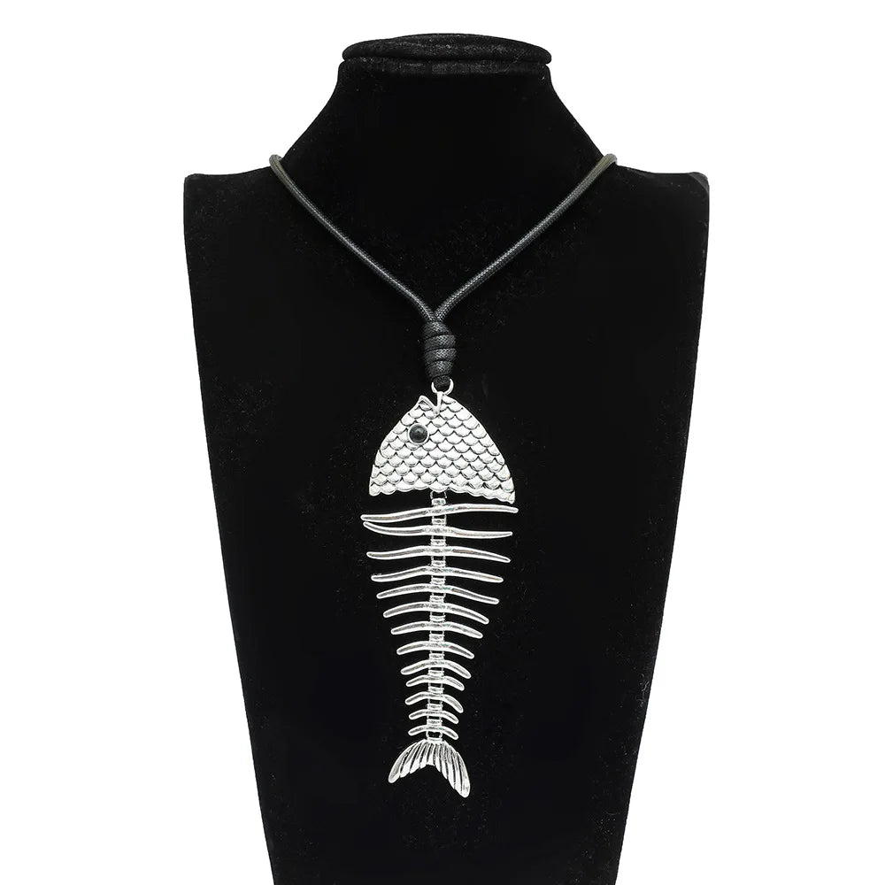 Exaggerated Long Silver Plated Black Rope Fishbone Shaped Necklace Statement Irregular Fish Bone Shaped Pendant Necklace