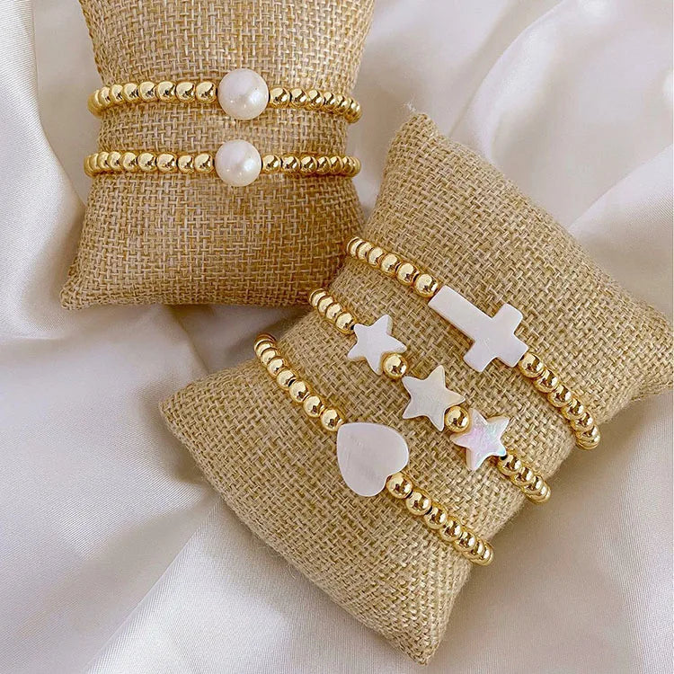 BE2027 Dainty Chic 18k Gold Beaded White Shell Mother of Pearl Stars Heart Round Pearl Macrame Bracelets