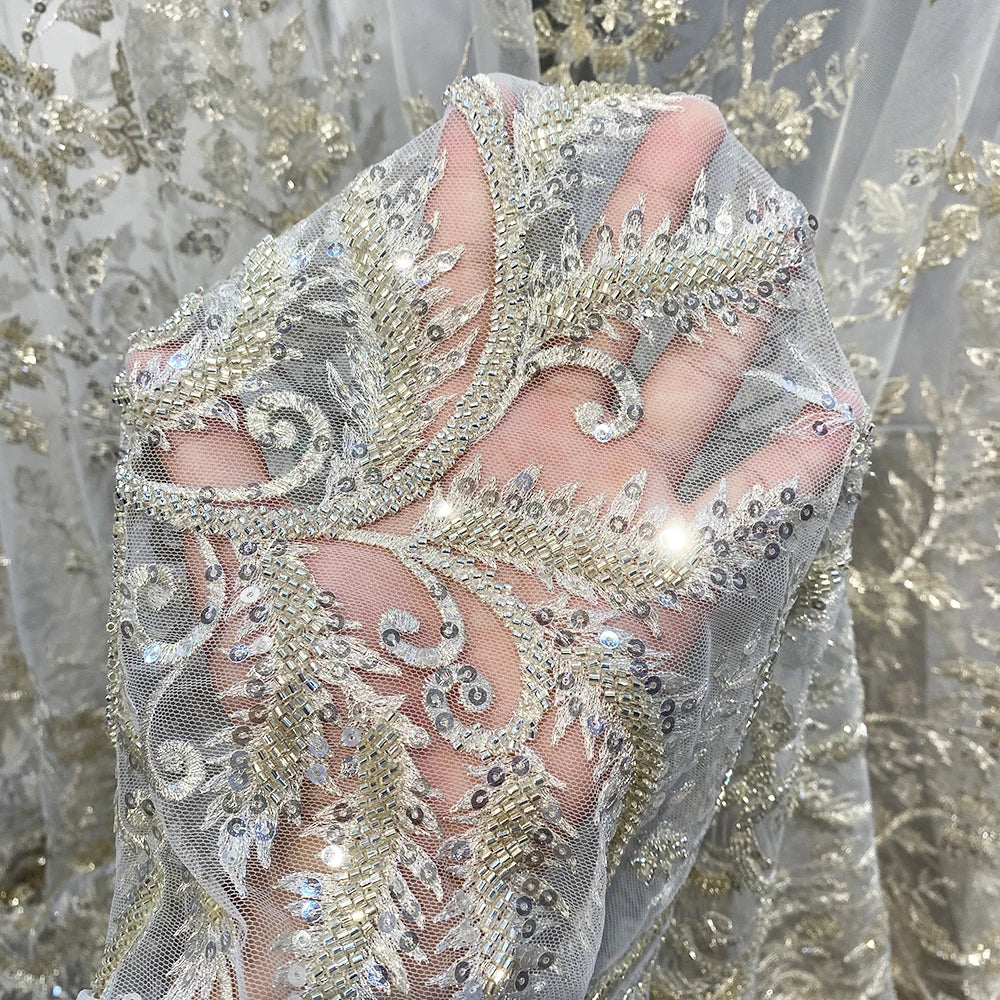 Luxury Champagne French Bridal Lace Fabric Pearls Embroidery Beaded Tulle Lace for Party Wedding Dress
